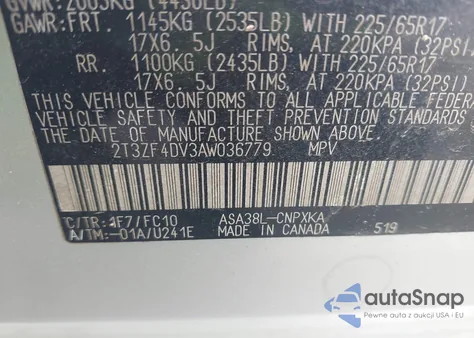 2010 Toyota Rav4 из США, поврежденный, VIN 2T3ZF4DV3AW036779